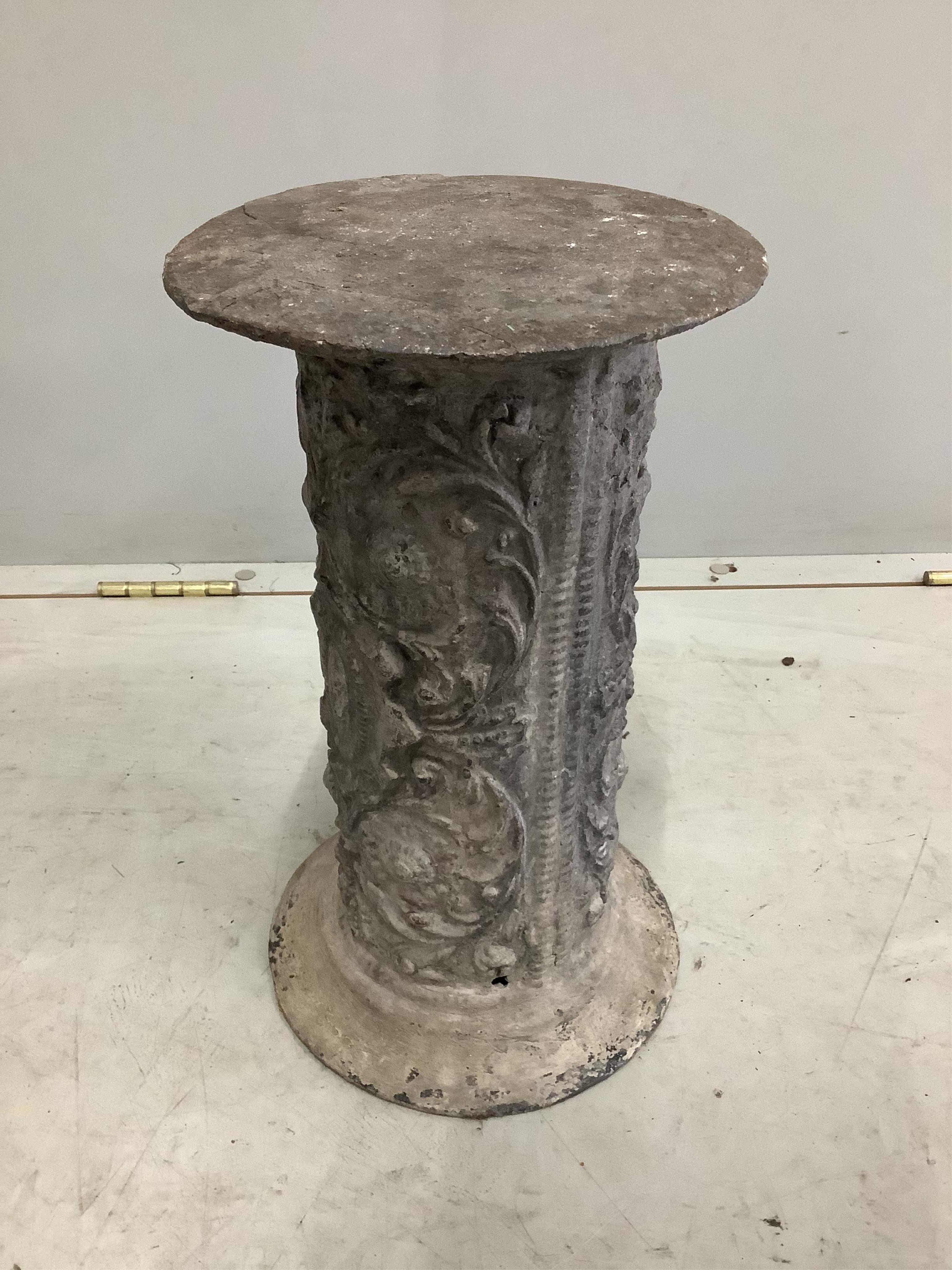 An Edwardian lead jardiniere with lions mask decoration standing upon a lead pedestal, diameter 33cm, height overall 61cm. Condition - fair to good